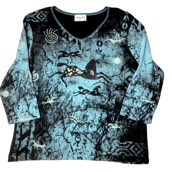 Vtg 90’s Y2K Cactus Bay XXL Bling Horse Western Native American Cave Pictograph - Picture 1 of 10